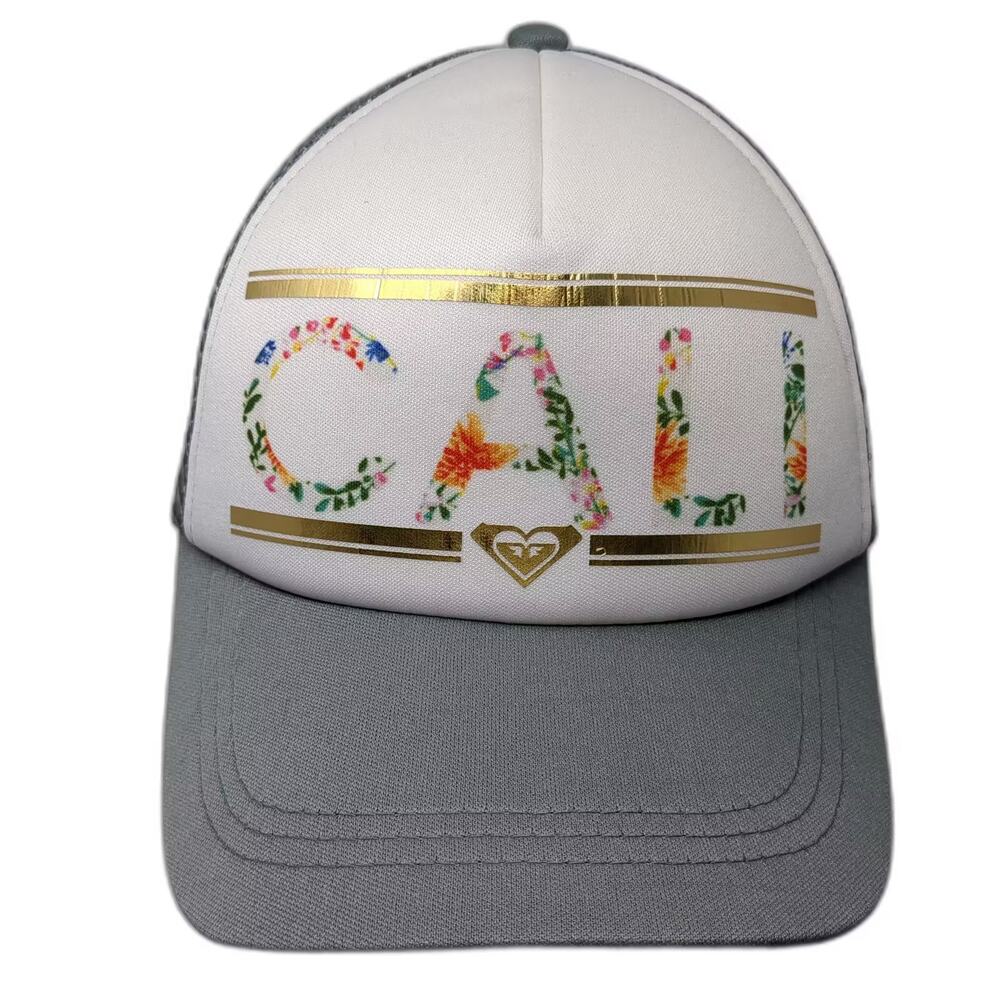 Roxy Trucker Hat Gray White One Size Snapback Cali Floral Graphic Adjustable
